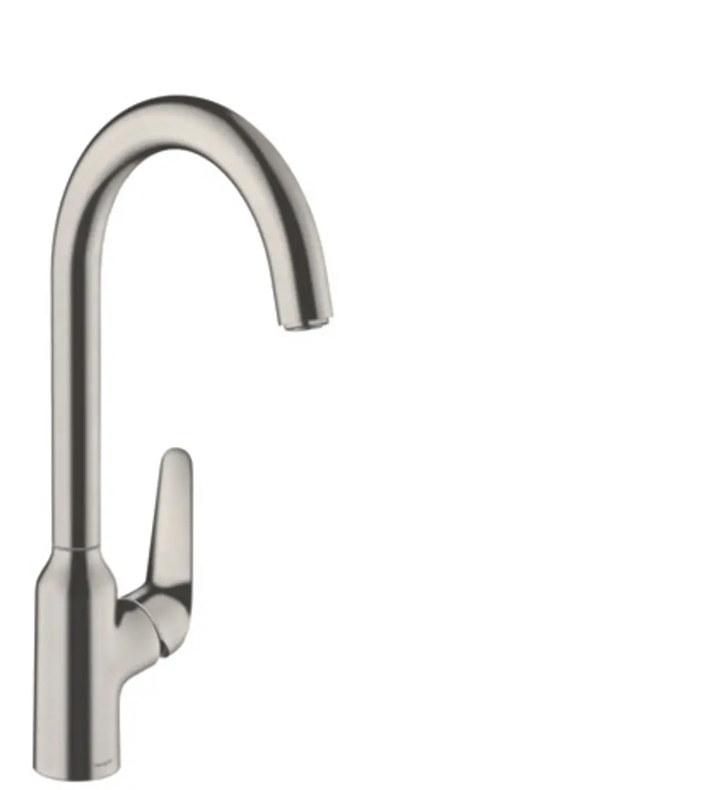 Spültischmischer in Edelstahl-Optik von Hansgrohe mit einem gebogenen Auslauf und einem Hebel zur Steuerung des Wasserflusses.
